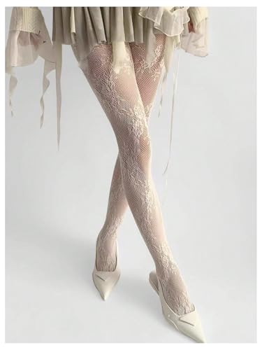 Women's Floral Lace Fishnet Tights Kawaii Y2K See Through Stockings Leggings - color: White, size: Medium