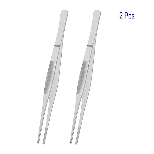 2 PCS 8 Inch Stainless Steel Tweezers, with Straight Round Blunt Serrated Tip, 0.07 Inch Thickness Stainless Steel, Multipurpose Daily Garden Home Lab Craft Repairing Tool
