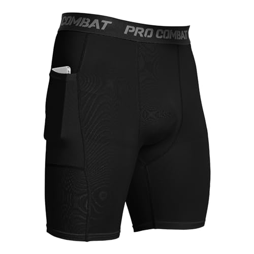 HYCOPROT Compression Shorts Men with Pocket Spandex Sports Tights Athletic Performance Baselayer Workout Running Underwear - color: Black, size: Large