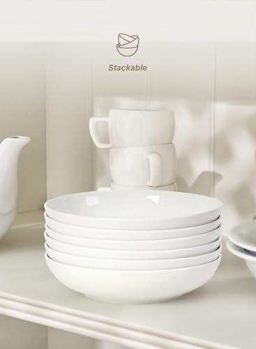 Quatish Pasta Bowls 30oz Set of 6, Salad Bowls Soup Bowl for Kitchen, Microwave & Dishwasher Safe, Large Porcelain Wide and Shallow Serving Bowl, White Dinner Plates, Dinnerware Set, Gift