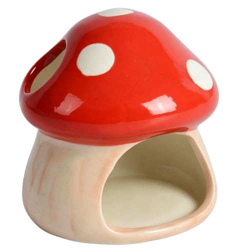 Cute Aquarium Mushroom House Betta Fish Tank Accessory Decor Mini Ceramic Fish Hideout Shrimp Cave Ornament (Red) - color: Red