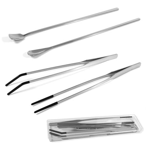 4 Pcs Reptile Feeding Tools Set with Silicone Tips - Extra Long Straight&Curved Tongs, Spoons - Stainless Steel Terrarium Feeder Kit for Bearded Dragons, Lizards, Snake, Spiders, Aquarium