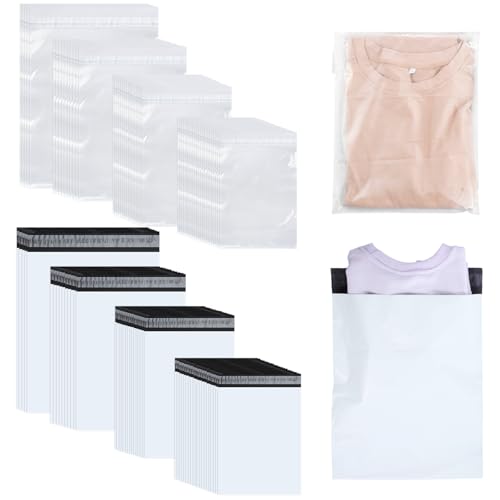 Outus 50 Pcs Mailers with 50 Pcs Poly Clothes Packaging Bags 4 Sizes Self Adhesive Shipping Mailers Frosted Plastic Bags for Clothing Small Business Flexible Mailing(Self Adhesive,Multiple Size) - size: Multiple Size, style: Self Adhesive