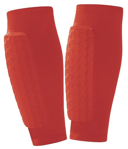 2 Pack Soccer Shin Guards Soccer Kids Adult, Soft Anti-Collision Soccer Shin Pad with EVA Honeycomb Pads, Shin Defender Shin Guard Sleeves - color: Red, size: Large