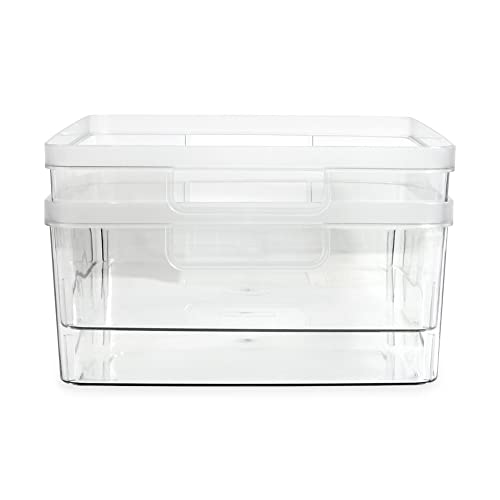 Isaac Jacobs 2-Pack Large Clear Storage Bins (11.5” L x 14” W x 5.5” H) w/Cutout Handles, Plastic Organizer for Home, Office, Kitchen, Fridge/Freezer, Bathroom, BPA Free, Food Safe (Large)