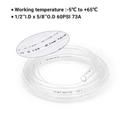 Clear Vinyl Tubing - 1/2" ID 5/8" OD, 50 Ft, 60PSI, Flexible Plastic, BPA Free, Reinforced, With 2 Screw Clamps - size: 1/2'', style: 50 feet