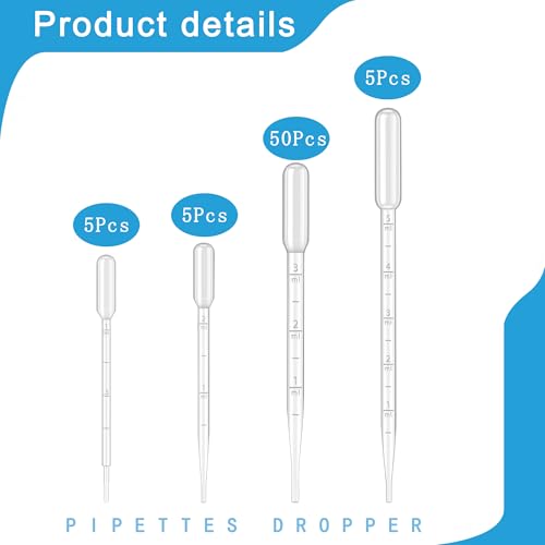 65Pcs 4 Styles Disposable Plastic Pipettes Droppers (1ML 5pcs, 2ML 5pcs, 3ML 50pcs, 5ML 5pcs) for DIY, Lab, Dessert