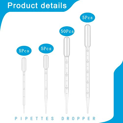 65Pcs 4 Styles Disposable Plastic Pipettes Droppers (1ML 5pcs, 2ML 5pcs, 3ML 50pcs, 5ML 5pcs) for DIY, Lab, Dessert