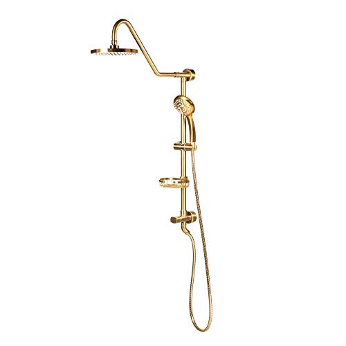 PULSE ShowerSpas Kauai III Brushed Gold Rain Shower Head with Handheld Spray - 2.5 GPM, 8" Showerhead, 5-Function HandShower, Adjustable Slide Bar - Shower Heads with Handheld Spray Combo - size: 2.5 Gallon Per Minute, style: Brushed Gold