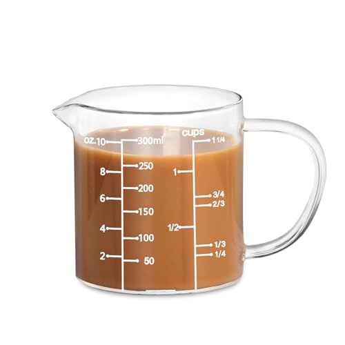 Glass Measuring Cup, Clear Liquid Measuring Cup with V-Shaped Spout and Three Scales, High Borosilicate Glass Beaker with Handle for Kitchen or Restaurant, 300 ML (0.3 Liter, 1 1/4 Cup) - color: White measuring scale, size: 300 ML (1 1/4 Cup)
