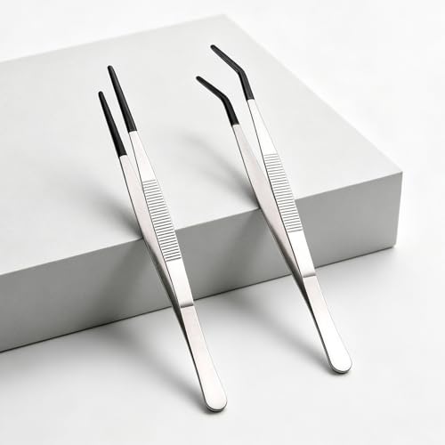 2-Piece Set of Ultra Long Stainless Steel Reptile Feeding Forceps with Rubber Tips, 9.8-Inch Straight and Curved Tweezers, Aquarium Feeding Tool, Silver