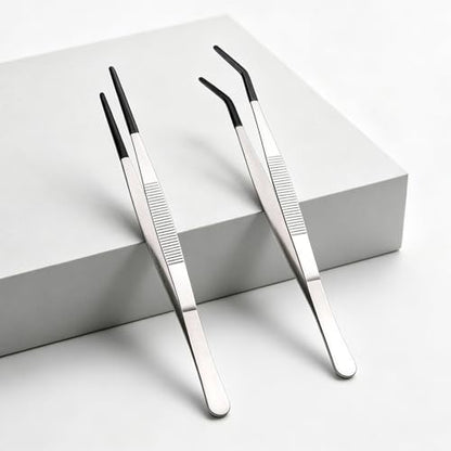 2-Piece Set of Ultra Long Stainless Steel Reptile Feeding Forceps with Rubber Tips, 9.8-Inch Straight and Curved Tweezers, Aquarium Feeding Tool, Silver