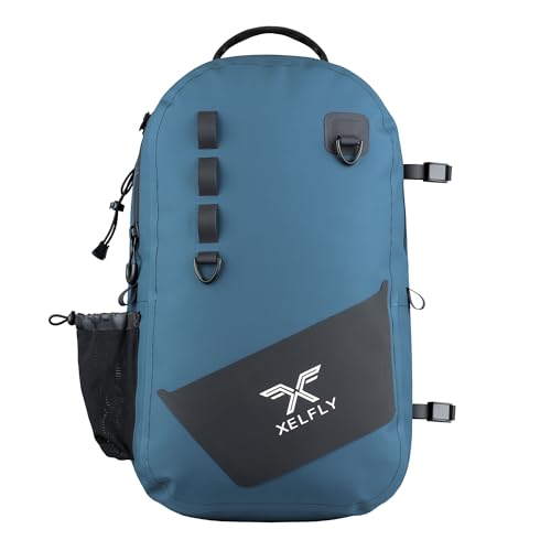 Xelfly - Waterproof Fishing Backpack with Rod Holder, Inflatable Air Valve, Padded Waist Straps & Gear Loops - Submersible Zipper, Rugged Top Handle, Adjustable Attachments (Blue) - color: Blue, size: Fishing Backpack