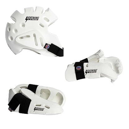 Proforce Lightning Martial Arts Protective Sparring Gear Bundle - Headgear, Gloves, Ultra Kicks (White, Child Large)