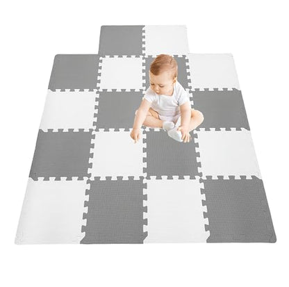18 Pieces Foam Play Mat, Interlocking Playmat Tiles, Foam Floor Mat Tiles, Puzzle Play Mats, Exercise Gym Mats – Color of Gray & White with Border
