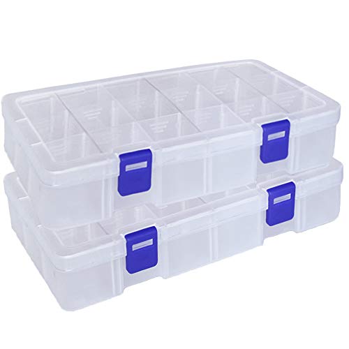 Qualsen 2 Pack 18 Grid Clear Plastic Bead Organizer Box with Adjustable Dividers, Tackle Box Organizer for Beads Jewelry Art Craft Earrings Nail Fishing Tackle and Small Items
