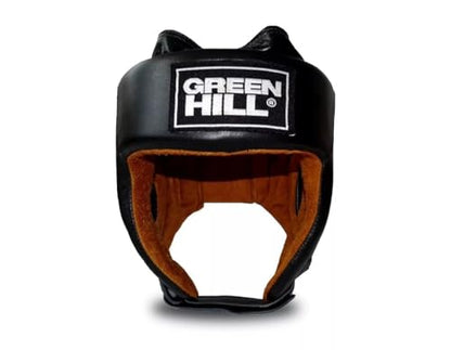 Green Hill Five Star Leather Boxing Headgear for Men & Women | AIBA-approved leather head guard for boxing, MMA and Muay Thai with secure fit and impact protection during sparring. - color: Black