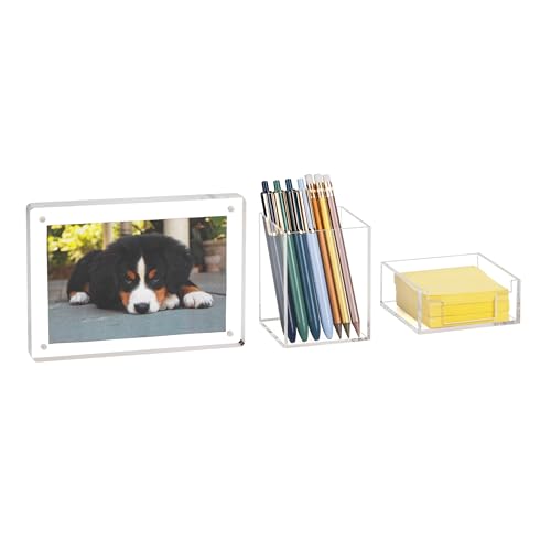 Mind Reader 3-Piece Desk Organizer Set, Pen Holder, Photo Frame and Sticky Note Tray, Desktop Organization, Office, Acrylic, Clear - size: 3-Piece Desk Organizer Set