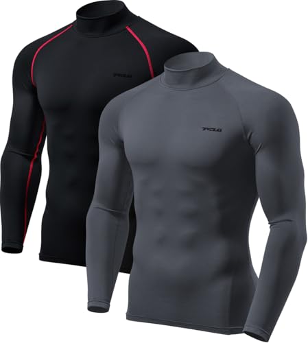 TSLA Men's Thermal Long Sleeve Compression Shirts, Mock/Turtleneck Winter Sports Running Base Layer Top - color: 2pack Black, Red/Charcoal, size: Small