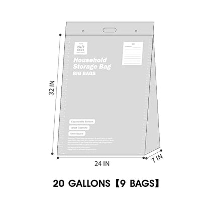 9 XXX-Large Plastic Storage Bags, 20 Gallons, Zero BPA, Double Zipper Seal, 3 Mils Thick, Double Layer Carry Handle, 24"x32"x7", Moving, Seasonal, Travel - size: 20 GALLONS