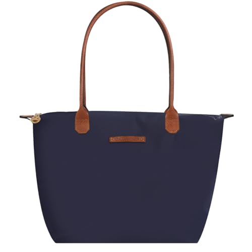 Waterproof Nylon Tote bag for Women Lightweight Designer Handbag with Zipper Stylish and Durable Purse - color: Navy, size: Medium