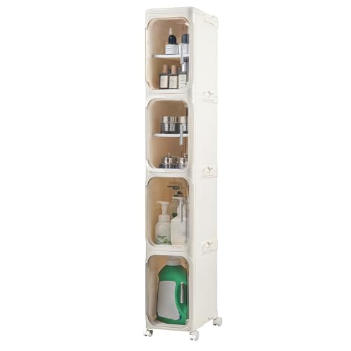 4-Tier Narrow Storage Cabinet Slim Bathroom Storage Cabinet with Movable Wheels Tall Bathroom Organizer Skinny Cabinet for Small Spaces，Beige - color: Beige, size: 4-tier