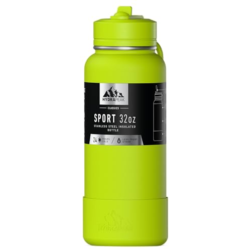 Hydrapeak 32oz Sport Insulated Water Bottle with Straw Lid, Leak & Spill Proof, Keeps Drinks Cold for 24 Hours, Hot for 12 Hours, Premium Stainless Steel Water Bottles (32oz, Neon Green) - color: Neon Green