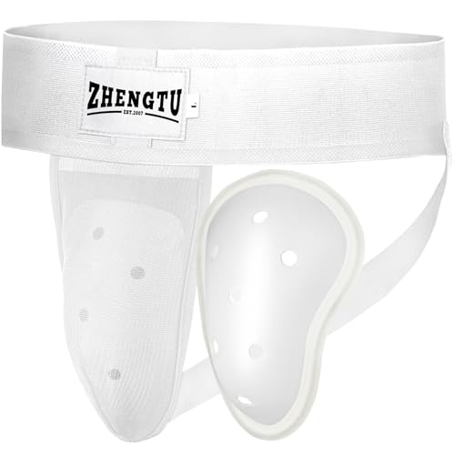 Groin Protector Cup Men, Boys Youth | TPE shell with silicone cushioning, for boxing kickboxing MMA, Muay Thai, karate, BJJ, soccer, baseball, removable cup - color: White, size: Large