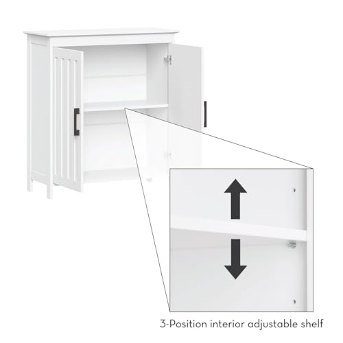 RiverRidge Monroe Two-Door Floor Storage Cabinet - Bathroom Storage Cabinet with Adjustable Shelves - Soft-Close Doors White Finish with Matte Black Handles