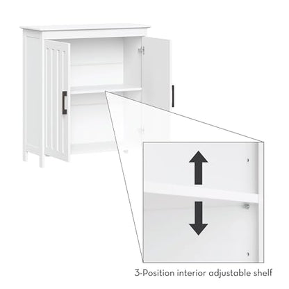 RiverRidge Monroe Two-Door Floor Storage Cabinet - Bathroom Storage Cabinet with Adjustable Shelves - Soft-Close Doors White Finish with Matte Black Handles