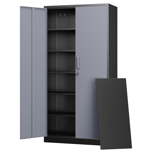 Metal Storage Cabinet with Lock Door and 5 Shelves,6 Tier Steel Garage Tool Cabinet for Home Office Utility Room 72" H X 36" W X18 D (Black Gray) - color: Black Grey, size: 72 X 36 X 18 In(H X W X D)