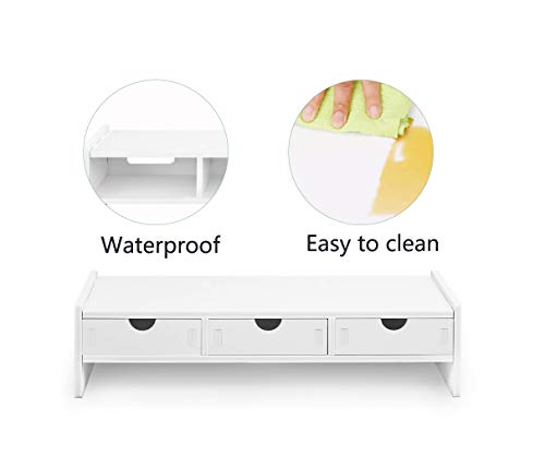 valen Monitor Stand Riser, Computer Laptop Riser Shelf with 3 Organizer Drawers (White, 19.5" L x 7.5" W x 4.7" H) (White)
