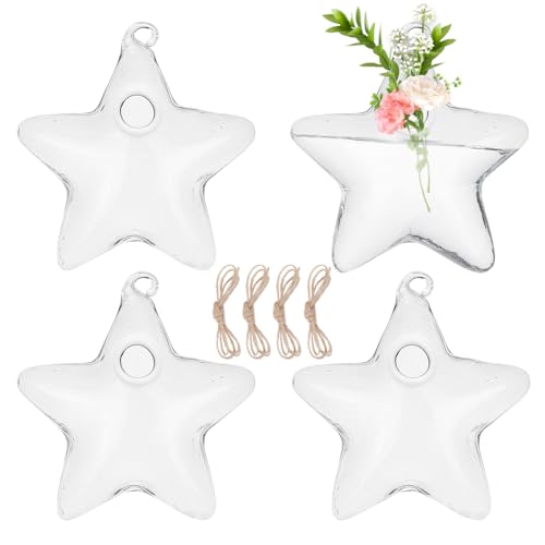 4pcs Glass Hanging Planter Air Fern Holder Hanging Hydroponic Vases with Jute Rope Terrarium Plants Hanger Vase Succulent Planter Terrariums for Moss Air Plants Christmas Decor (Star) - color: Star
