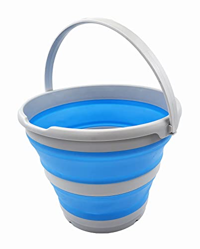 SAMMART 10L (2.6 Gallon) Collapsible Plastic Bucket - Foldable Round Tub - Portable Fishing Water Pail - Space Saving Outdoor Waterpot, Size 33cm Dia (Grey/Sky Blue) - color: Grey/Sky Blue
