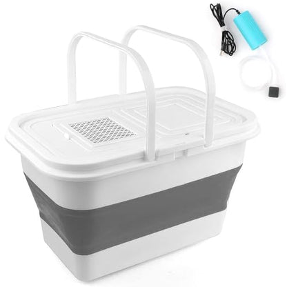 Hikary13L Fishing Bucket with Mini Oxygen Pump,Fish Transport Container,Portable Folding Collapsible Minnow Bucket Fish Live Container Box with Breathable Mesh Space Saving Outdoor Traveling Fishing - color: Gray