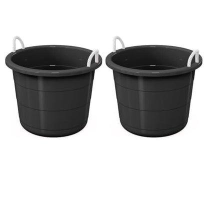 (2 Pack) 17-Gallon Heavy Duty Plastic Storage Tub with Rope Handles, Multi-Purpose Utility Bucket for Garage Organization, Party Ice Bucket, Laundry Basket, Gardening Tool Storage - Black