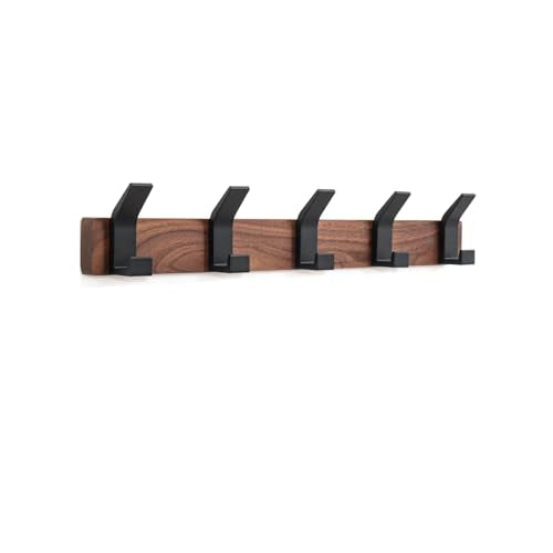 Coat Rack Wall Mount - 16.9 Inches Coat Rack Wall Mount with 5 Hooks Walnut Wood Coat Hooks Wall Mounted Rustproof Coat Hanger Black Aluminum Wall Hooks for Hanging Coat Hat Backpack Key - size: 5 Hooks