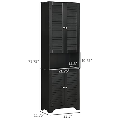 HOMCOM Tall Narrow Bathroom Storage Cabinet with Doors and Shelf Adjustability, Freestanding Linen Cabinet with 2 Cabinets and Countertop, Black