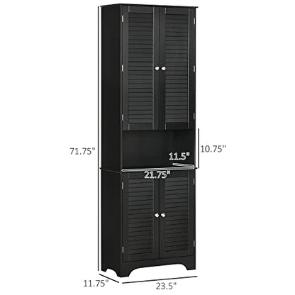 HOMCOM Tall Narrow Bathroom Storage Cabinet with Doors and Shelf Adjustability, Freestanding Linen Cabinet with 2 Cabinets and Countertop, Black