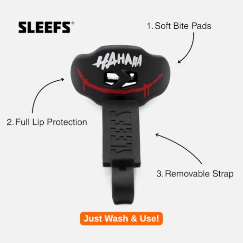SLEEFS Classic Football Mouthguard with Bold Designs and Removable Strap - color: Ha Ha Ha Red Smile