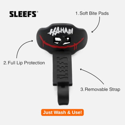 SLEEFS Classic Football Mouthguard with Bold Designs and Removable Strap - color: Ha Ha Ha Red Smile