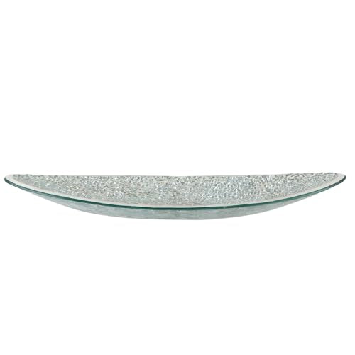 Small Glass Mosaic Decorative Silver Boat Shaped Tray, Living Room Table Centerpiece Bowl, Home Decor Accent Plate for Orbs, Candles, Potpourri
