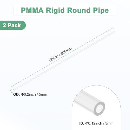 M METERXITY 2-Pack Clear Rigid Acrylic Pipe, 3mm[0.12"] ID x 5mm[0.2"] OD Plastic Round Tube for Water Cooling System/Lamps/Fountains/Aquariums/Display Stand, Acrylic Tubing [305mm/12IN] - size: 3mm ID x 5mm OD