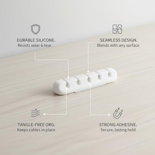 White Silicone Cable Organizer Clips with Adhesive Backing for Desk, Car Dashboard & Wall Cord Management