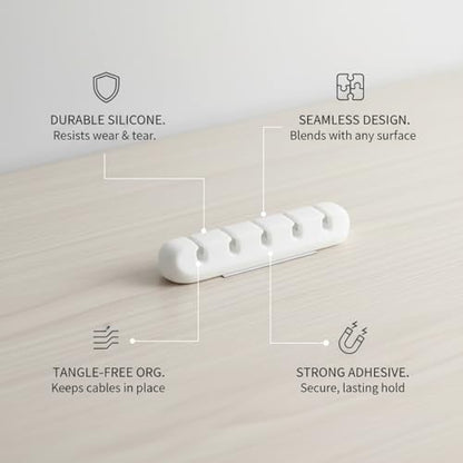 White Silicone Cable Organizer Clips with Adhesive Backing for Desk, Car Dashboard & Wall Cord Management