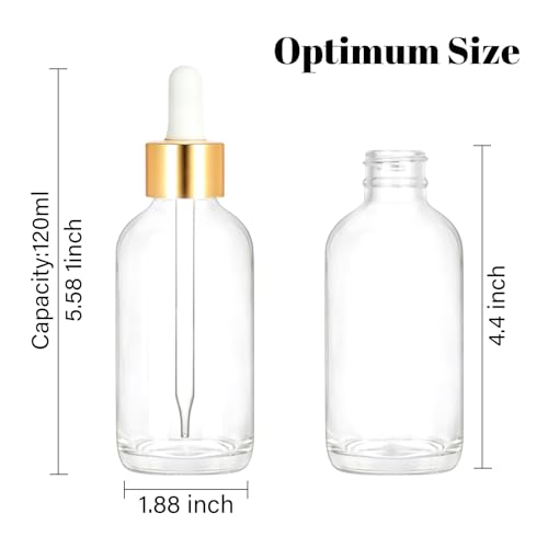 24 Pack 4oz Clear Glass Bottles with Golden Top Eye Droppers for Essential Oils, Perfumes & Lab Chemicals (Brushes, Funnels, Extra Droppers, Labels & Measuring Cup Included) - color: Gold