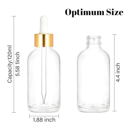 24 Pack 4oz Clear Glass Bottles with Golden Top Eye Droppers for Essential Oils, Perfumes & Lab Chemicals (Brushes, Funnels, Extra Droppers, Labels & Measuring Cup Included) - color: Gold
