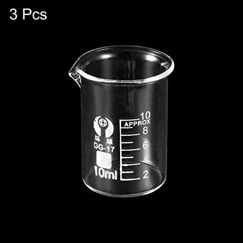 PATIKIL 3Pcs 10ml Low Form Glass Beaker, 3.3 Borosilicate Glass Graduated Printed Scale Measuring Cups with Spout for Kitchen Lab Liquids - size: 10ml