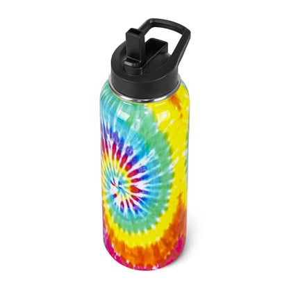 Tie-Dye Water Bottle with Straws Summer Insulated Bottles Travel Thermal Double Walled Vacuum Cup Leak Proof Stainless Steel Tumbler Tie-Dye Lovers Decor Gifts-32 oz - color: Cyan blue yellow