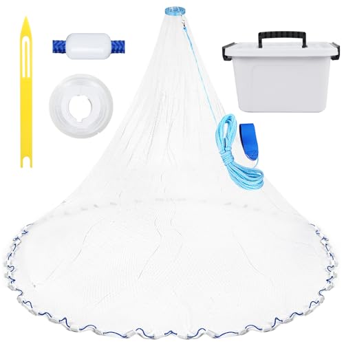 Yeahmart Handmade American Cast Net, 3ft-8ft Radius Casting Net for Saltwater & Freshwater, 3/8 Inch Mesh Monofilament Bait Trap Rust-Proof PVC Coated Sinkers, Easy Throw, Bucket & Repair Kit Included